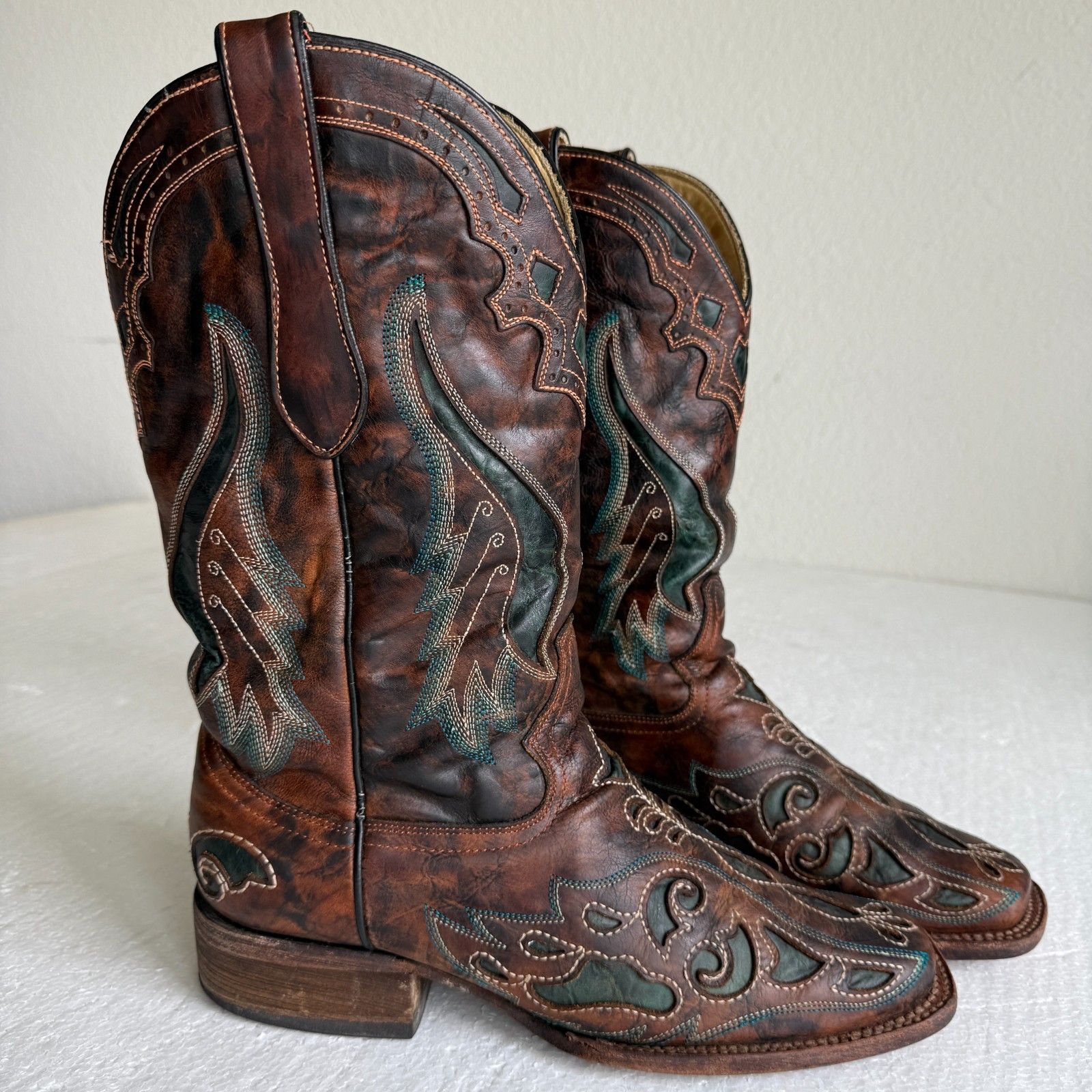 Corral Women's Honey & Teal Overlay Square Toe Western Boots 9m Style: A1040